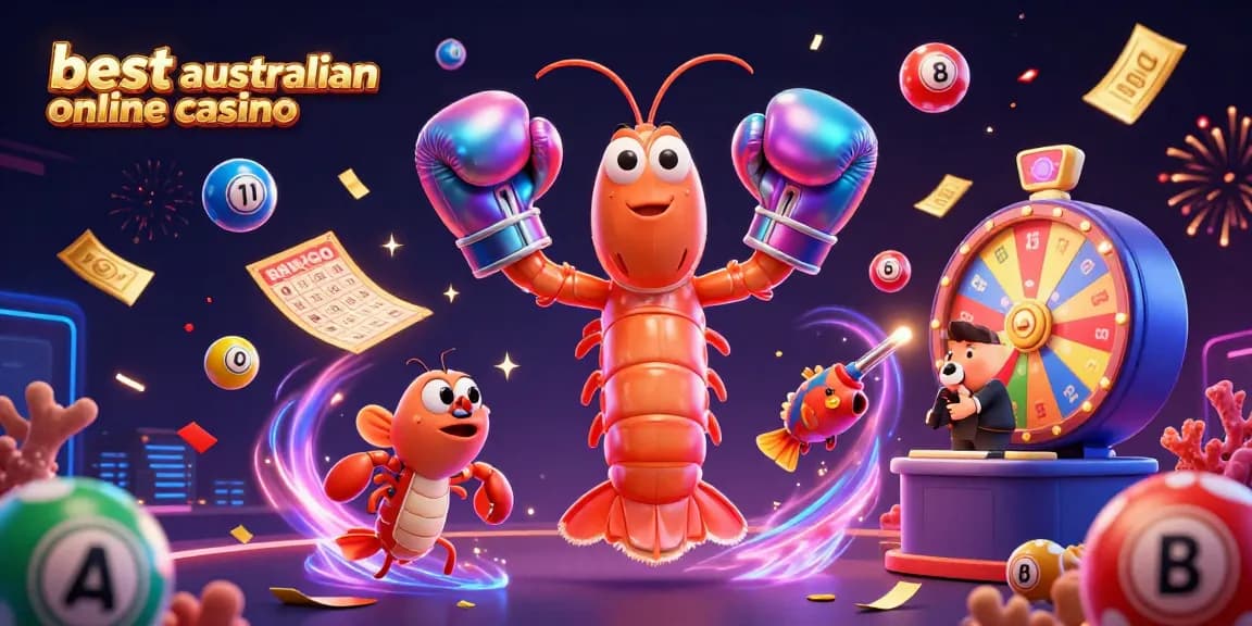 Engage with the best australian online casino in a vibrant 3D illustration filled with festive elements.