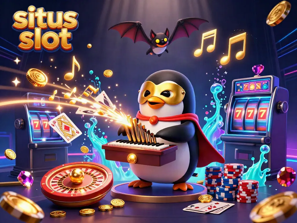 Experience the excitement of situs slot with a lively 3D illustration of casino characters and elements.