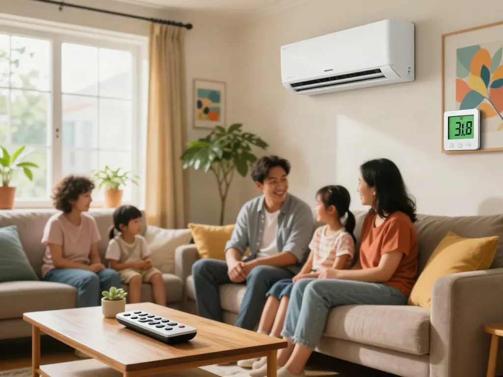 Cozy family living room featuring a ductless ac system, stylish decor, and warm atmosphere.