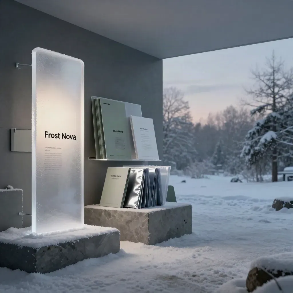 Frosted acrylic studio objects on stone plinths in blue-hour haze with silver light.