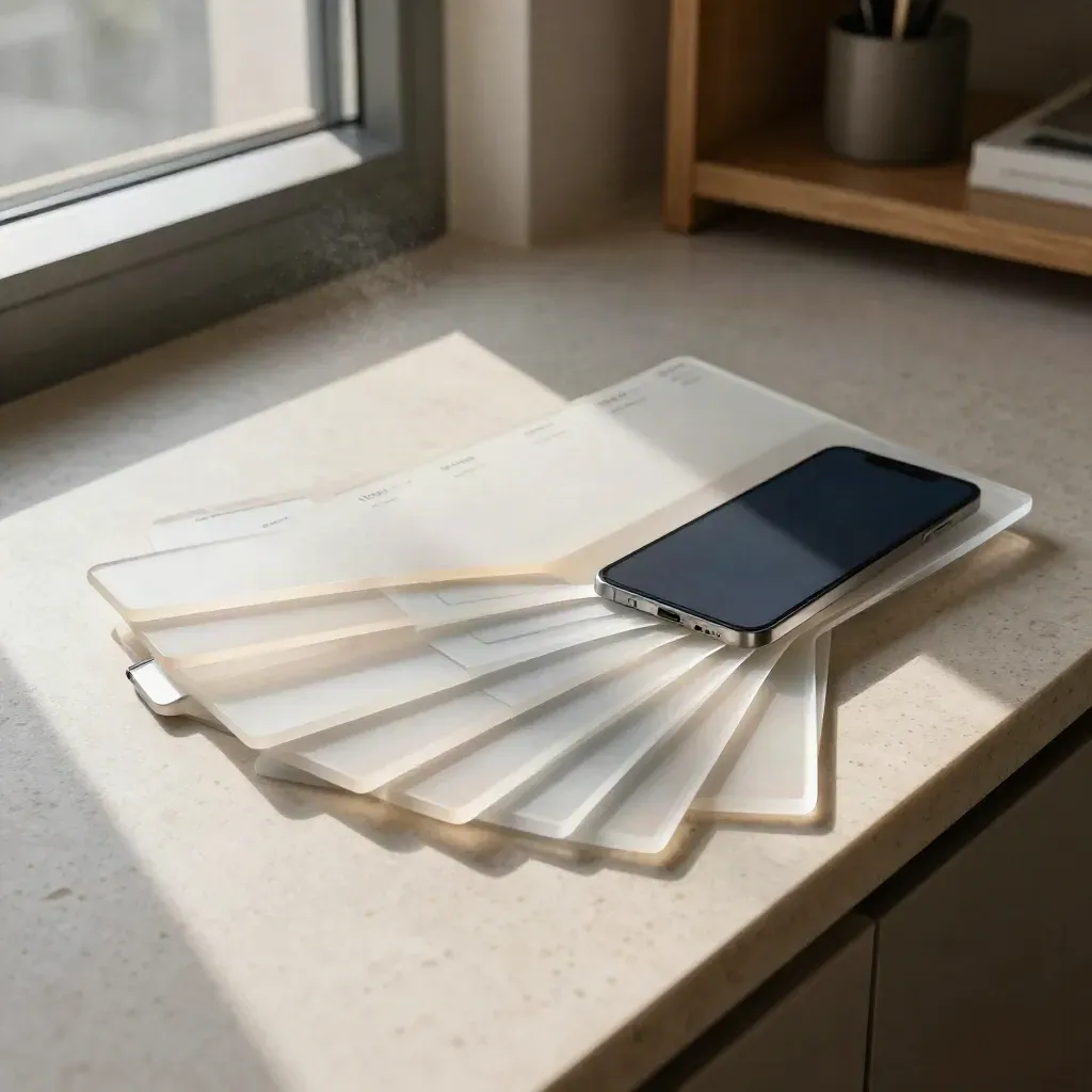 Frosted website module tiles and a turned-away device mockup on travertine by a window.