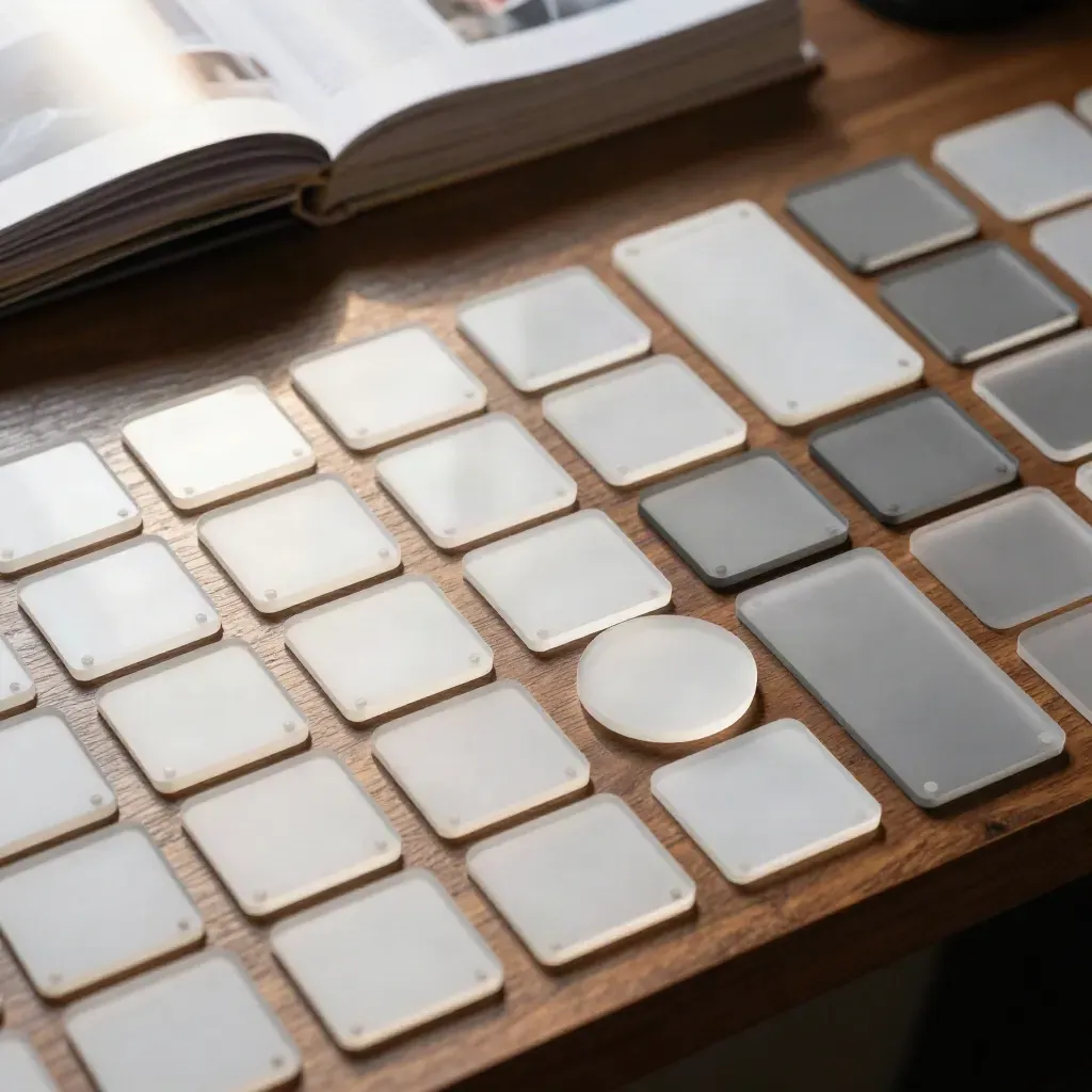 Overhead acrylic UI kit components sliding out of a grid on a walnut prototype bench.