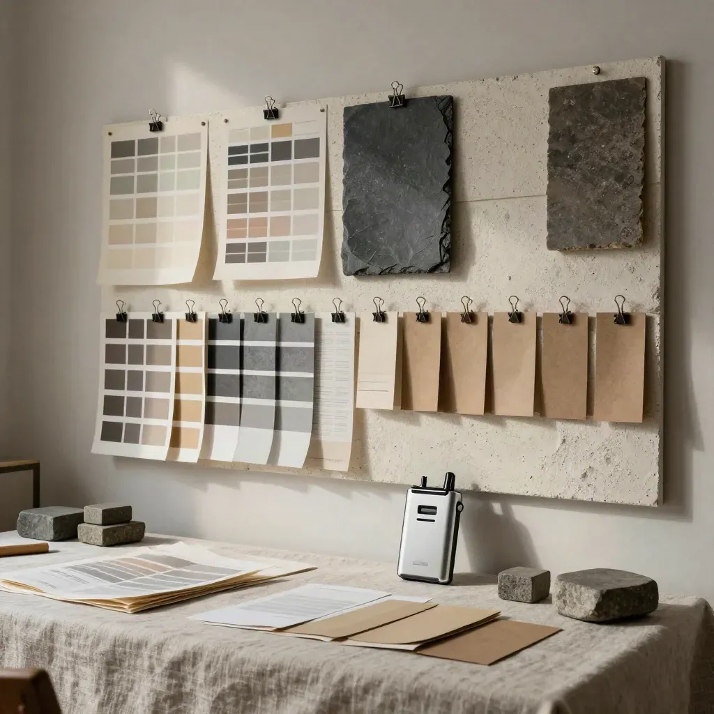 Editorial studio wall with color chips, tabs, paperweights, and a voice recorder
