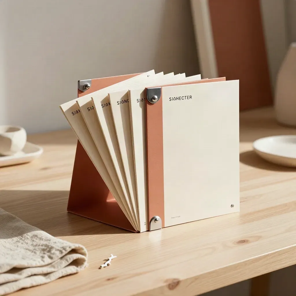 Opened launch kit sleeve with fan of social boards, banner strips and pitch folders in warm light.