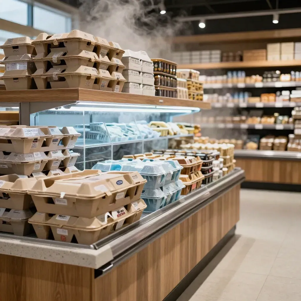 Stocked grocery endcap with cartons, crates, acrylic risers, and soft morning store light.