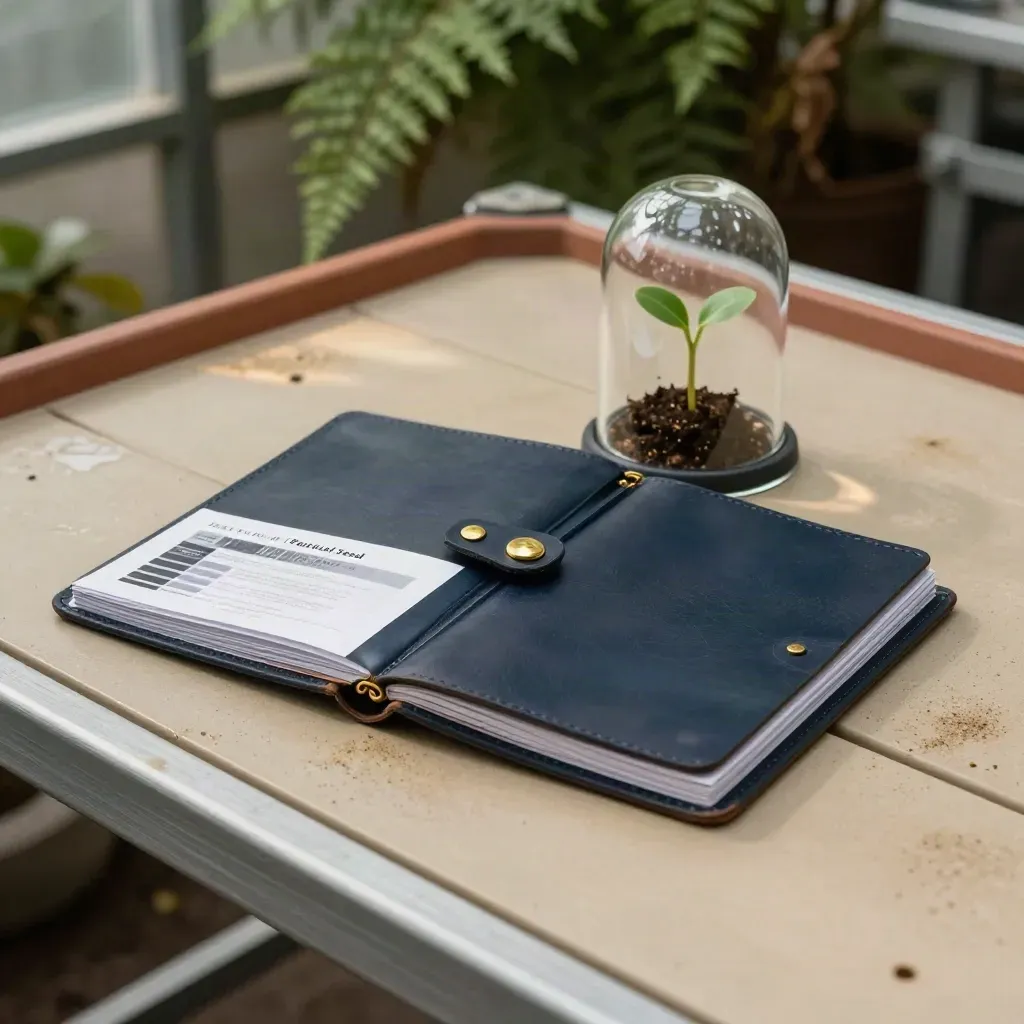 Open navy pitch-deck folio beside a seedling under glass on a warm greenhouse bench.