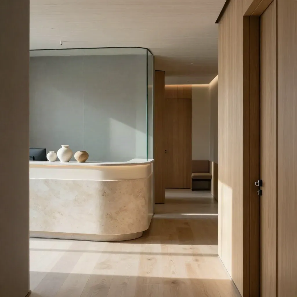 Serene cedar-clad clinic reception with frosted glass, curved pedestal, and ceramic vessels.