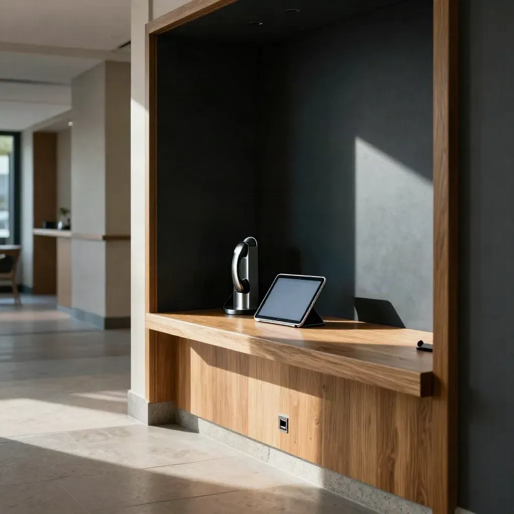 Refined booking nook with handset cradle, turned tablet, oak and stone surfaces in dramatic hallway light.