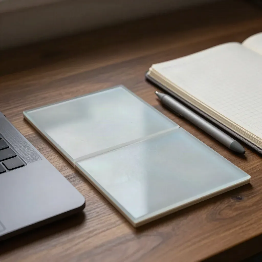 Frosted interface tiles, trackpad, stylus and notebook on walnut with cool blue light