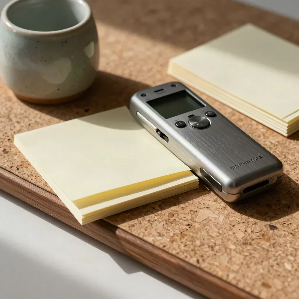 Macro of sticky tabs, ceramic paperweight, voice recorder and folded cards on a cork rail.