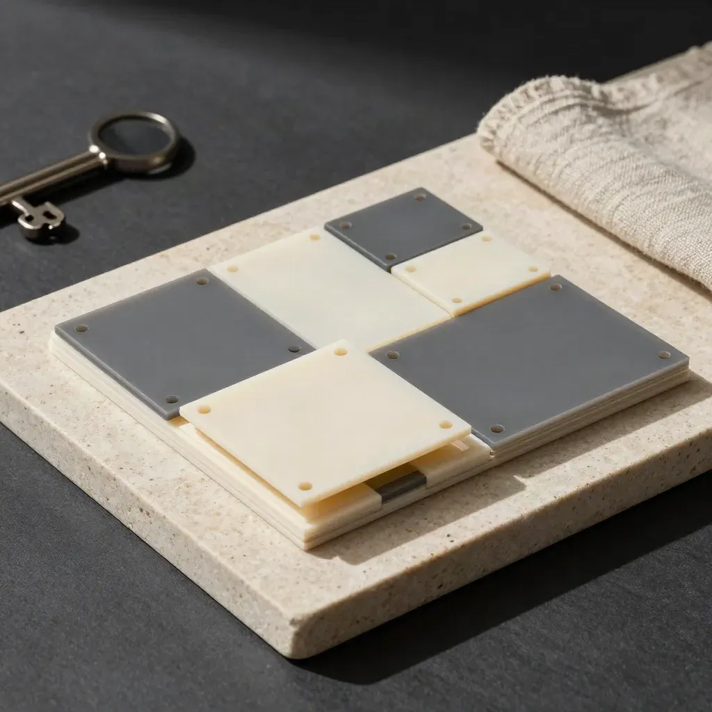 Overhead tray of design sprint tiles, tabs, and layout blocks on stone