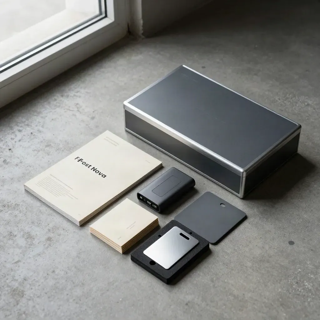 Top-down final delivery box with guide booklet, backup drive, and stacked asset sleeves on concrete.