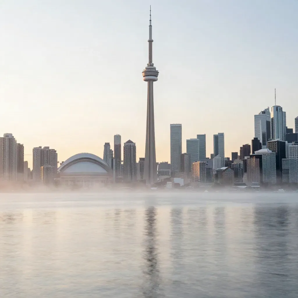 Toronto skyline at dawn with CN Tower above Lake Ontario mist.