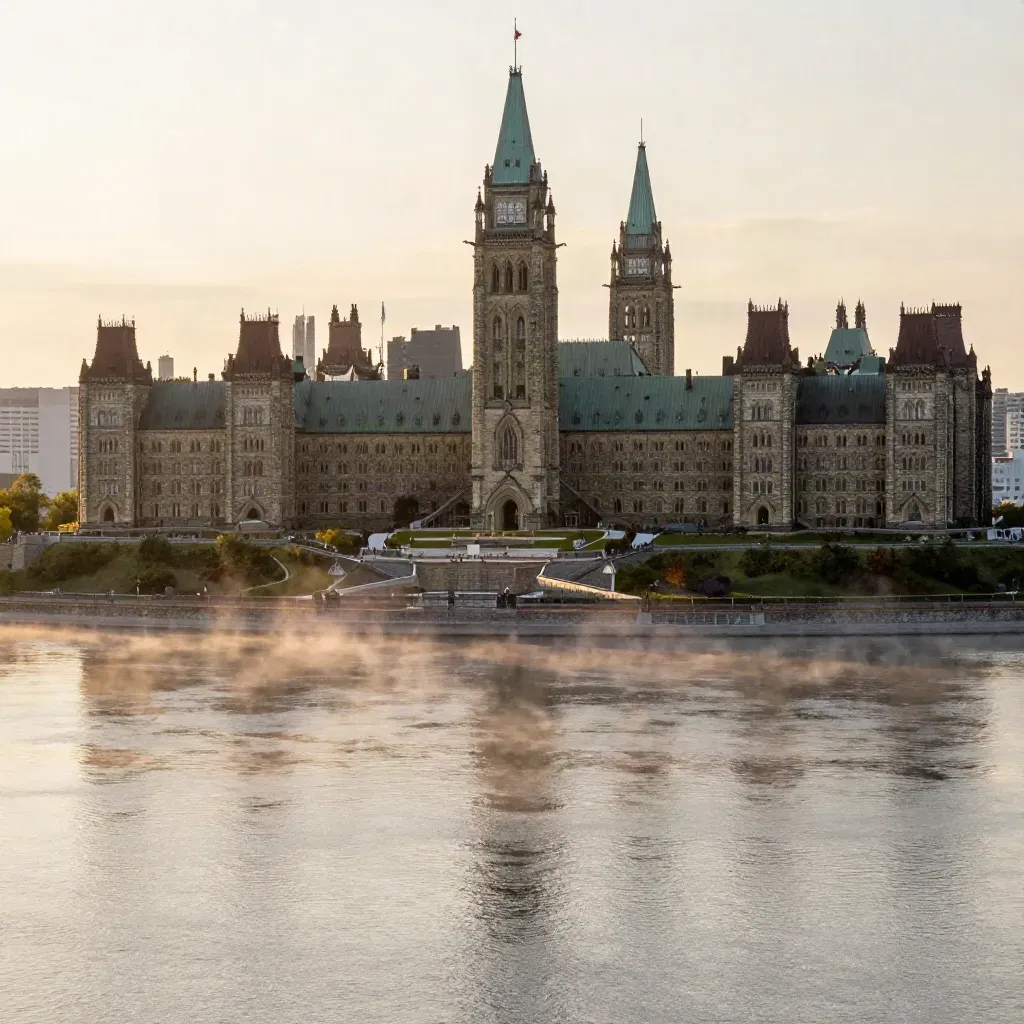 Ottawa Parliament above a misty river at golden hour, calm stone waterfront for copy.