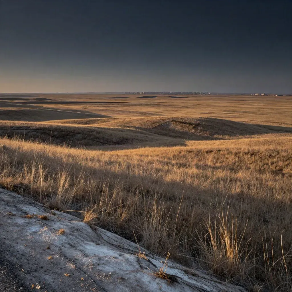 Southern Alberta prairie at dusk with a faint city edge, warm haze, and high horizon.
