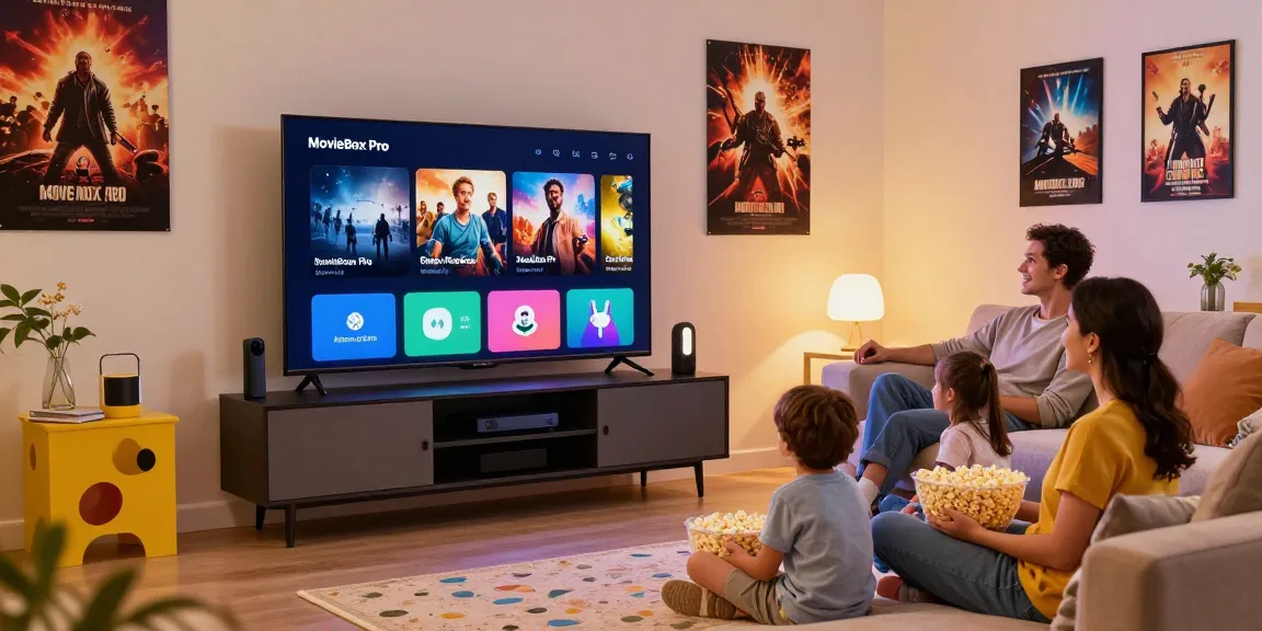 Family enjoying the MovieBox Pro app with cozy living room ambiance