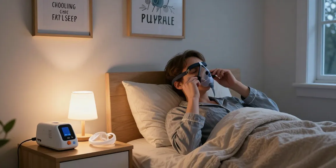 Sleep apnea machine accessories shown on nightstand next to a user comfortably adjusting the mask in a cozy bedroom.
